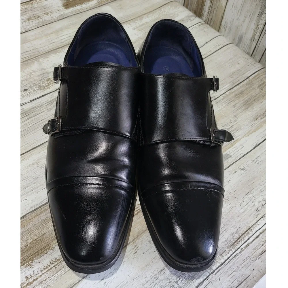 Bruno Marc Mens Black Double Monk‎ Strap Dress Shoes Size 7.5M Cap Toe